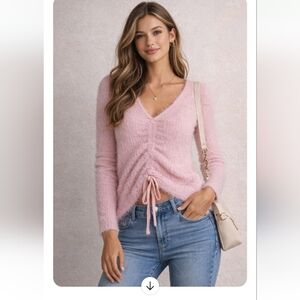 Planet Gold Soft Pink Fuzzy V-Neck Tie Front Sweater Size Small